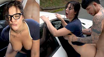 Sexo y follada en el coche a una morena de tetas grandes
